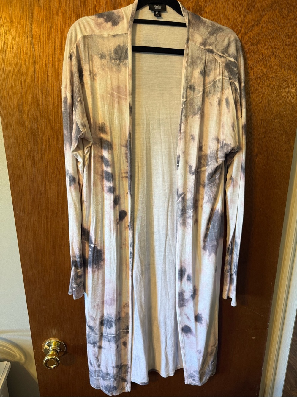 ISSI White Tie-Dye Open Front Duster with Gray and Mauve Accents